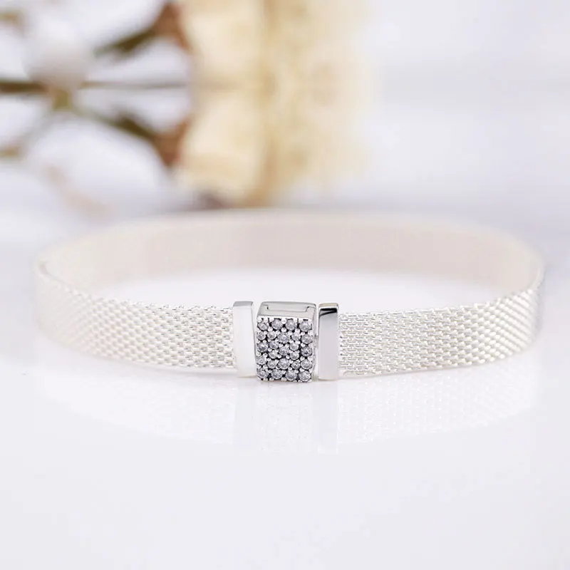 

925 Sterling Silver Sparkling Clasp Mesh Reflexions Bracelet For Women Fit European Pandora Reflexions Charm Beads Only