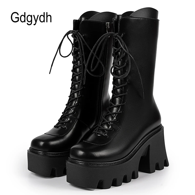 

Gdgydh Mid Calf Platform Women's High Boots Outside Street Shoes Black Military Zip Up Fashion Autumn Chunky Motorcycle Boots