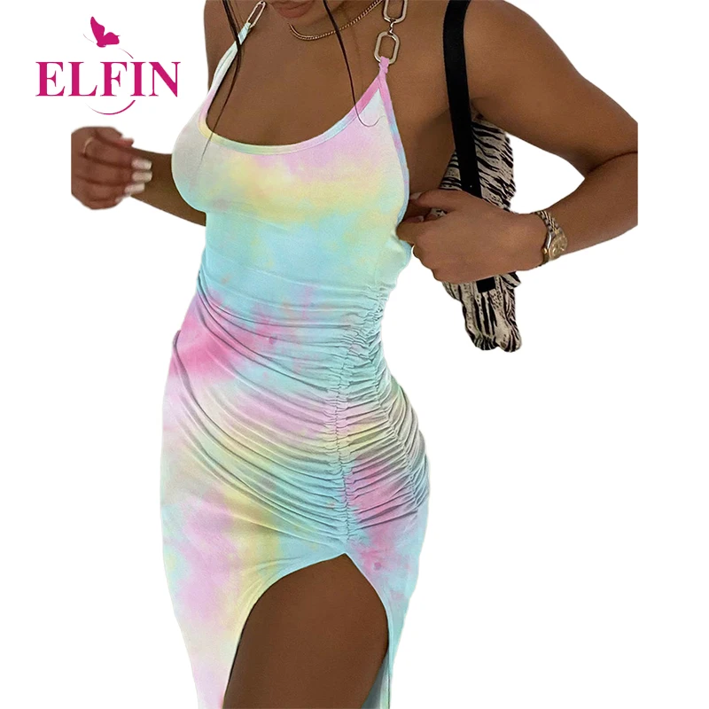 

Colorful Tie Dye Sexy Chain Spaghetti Strap O Neck High Split Pleated Women Bodycon Dress Femme Nightclub Party Robe SJ6070R
