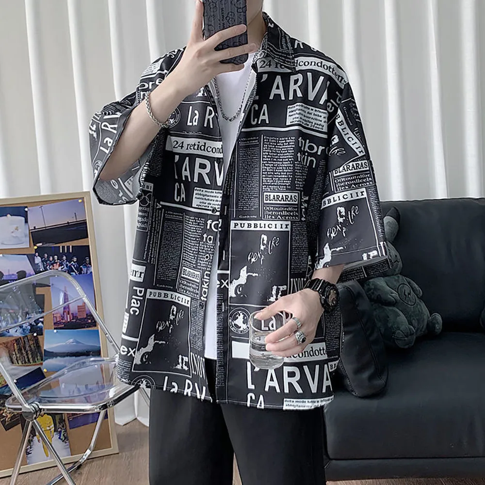 Рубашка мужская с принтом газет корейский стиль хип-хоп уличная одежда в стиле