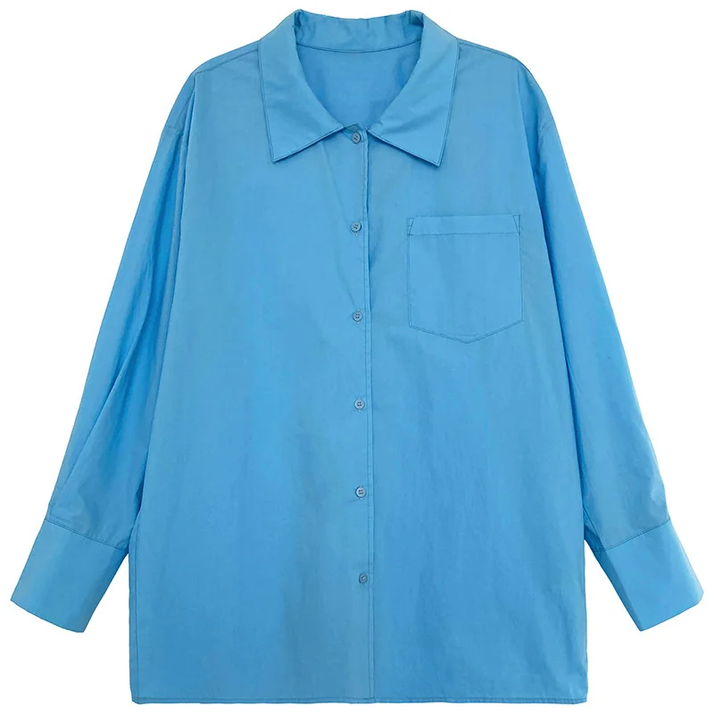 

Yeeloca Lazy Style Blue Shirt Autumn New Women's Lapel Loose Casual Blouser Simple Single Breasted Drop Top