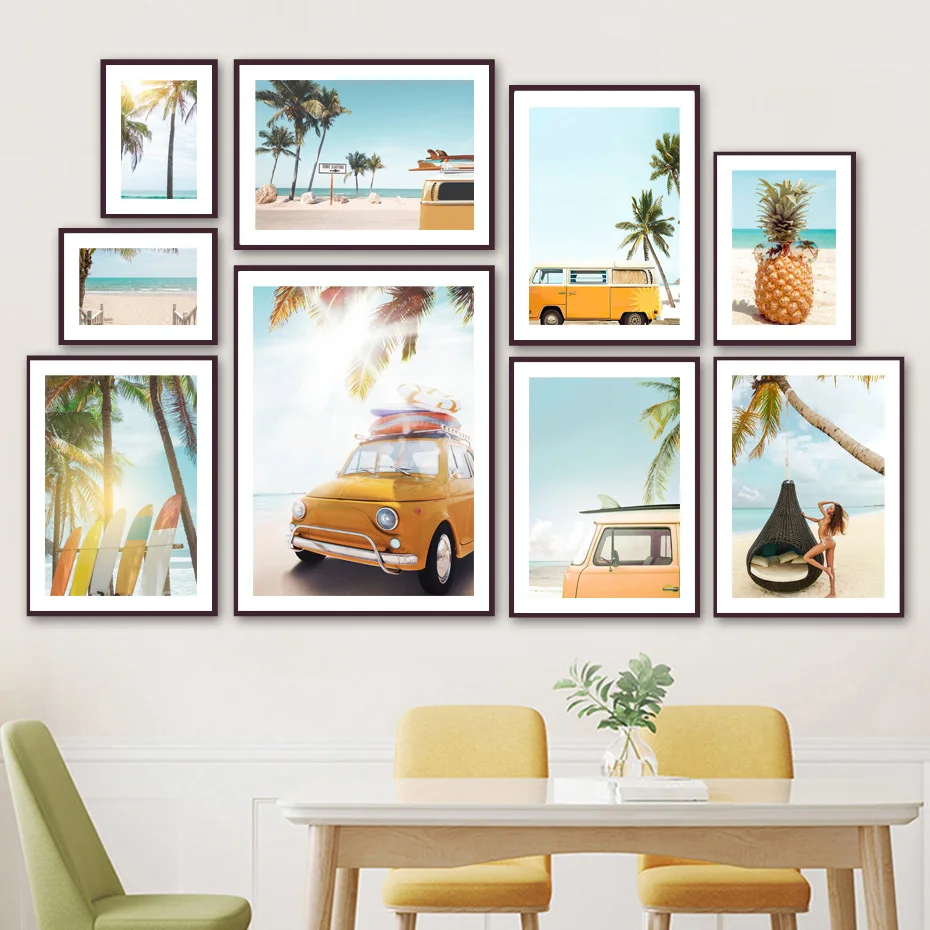 

Pineapple Palm Tree Surfboard Beach Car Wall Art Canvas Painting Nordic Posters And Prints Wall Pictures For Living Room Decor