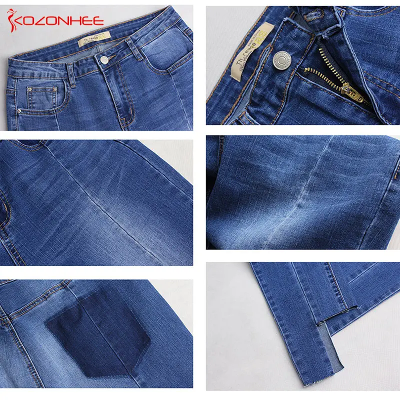 Рваные эластичные джинсы в полоску сбоку для женщин узкие с завышенной талией