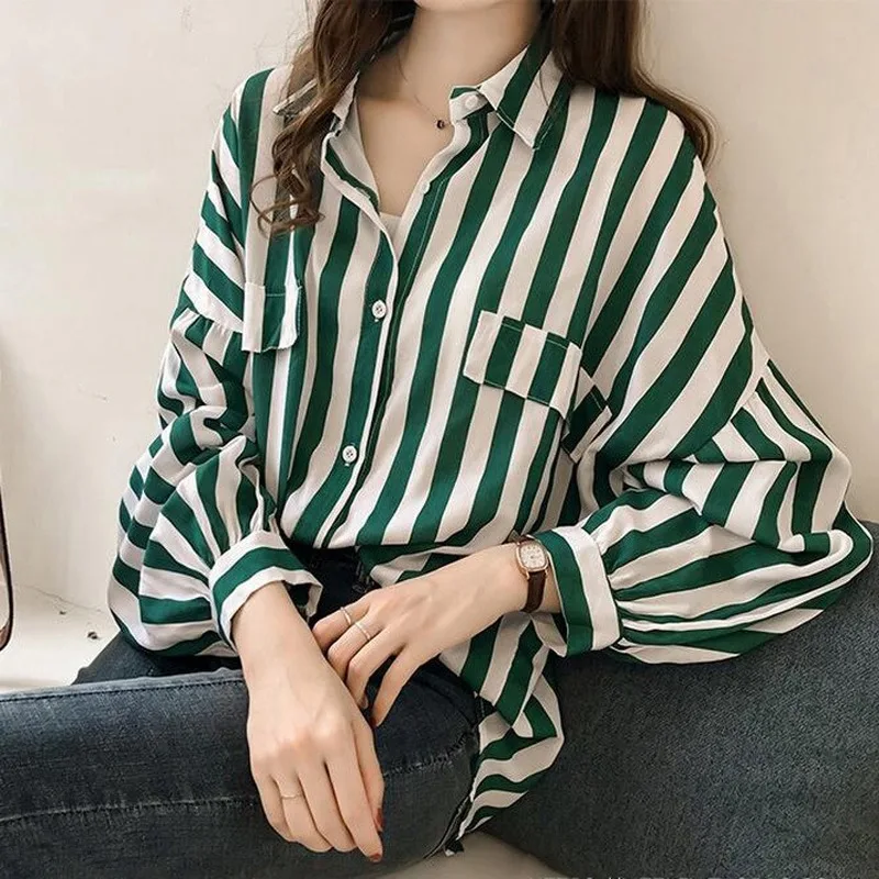 GOOHOJIO Модные полосатые женские блузки с длинным рукавом отложным воротником
