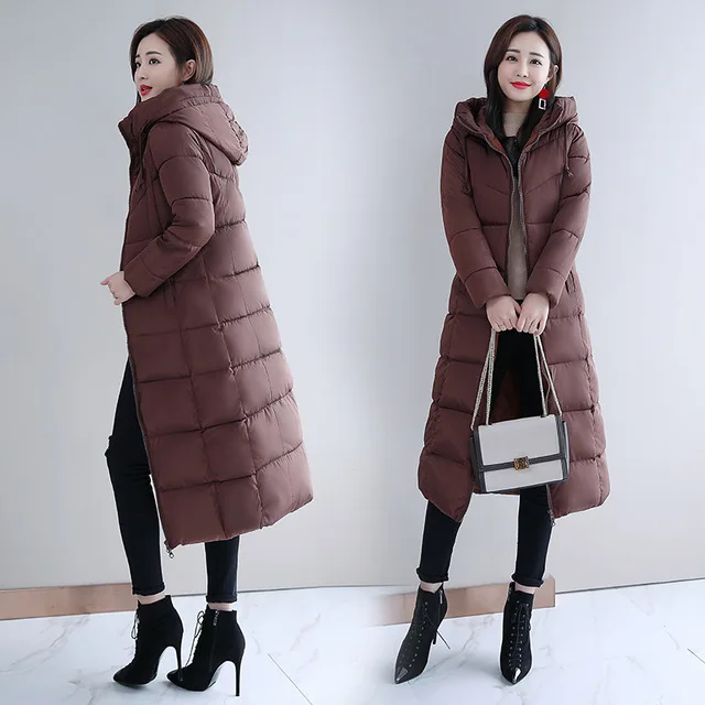 Коричневый M-6XL, новинка, зимняя куртка, Женская парка, пальто, Feminina, длинный пуховик размера плюс, длинный пуховик с капюшоном, хлопковое пальто, куртка для женщин - Цвет: Коричневый
