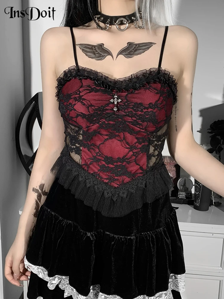 

InsDoit Gothic Lace Patchwork Red Camis Women Zipper Backless See Through Vintage Crop Top Y2K E Girl Aesthetic Summer Camisole