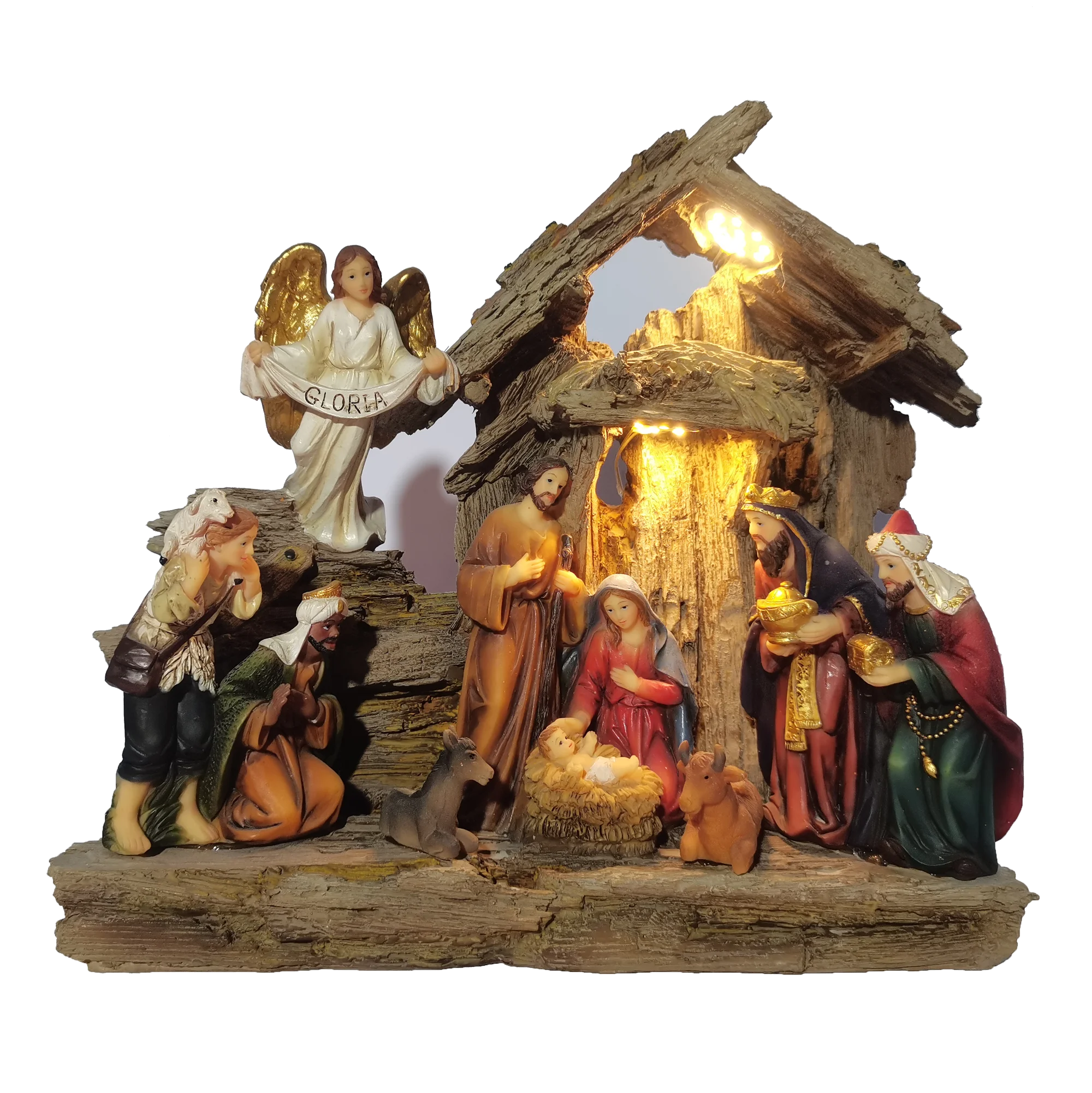 Decoración navideña Belén conjunto estable LED estatua de la Sagrada Familia bebé Jesús pesebre figurita católica adorno para el hogar Zayton