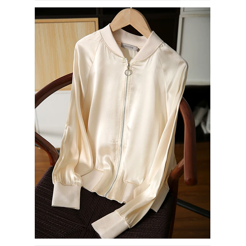 

Solid Silk Satin Baseball Suit Mulberry Silk Stand Collar Versatile Outside Cardigan Jacket 2021 Women's Fashion New Autumn