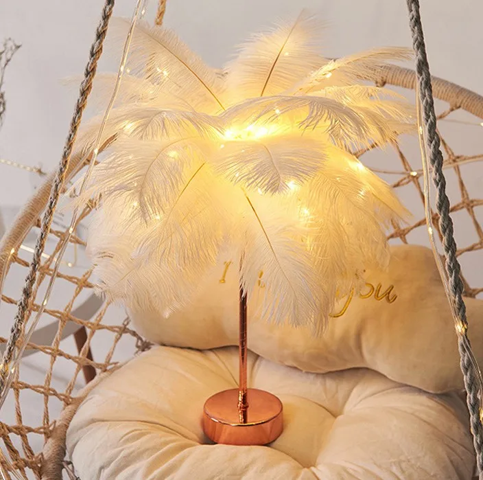 

DIY Creative with Remote Control Feather Table Lamp USB Warm Light Tree Feather Lampshade Wedding Home Decor