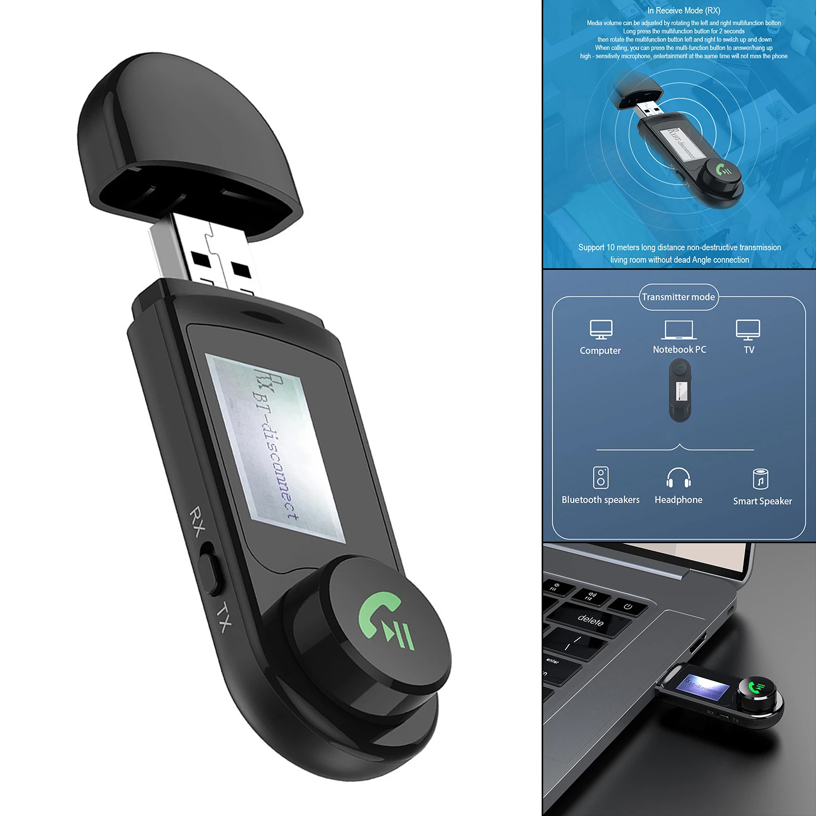 

Bluetooth 5.0 Transmitter Receiver with LCD Display 2 in 1 USB Adapter for Car Speaker Home Stereo Stereo Audio Button Control