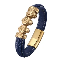 golden stainless steel leopard head bracelets men blue leather wristband magnet buckle bangles hip hop male jewelry gift pd0843