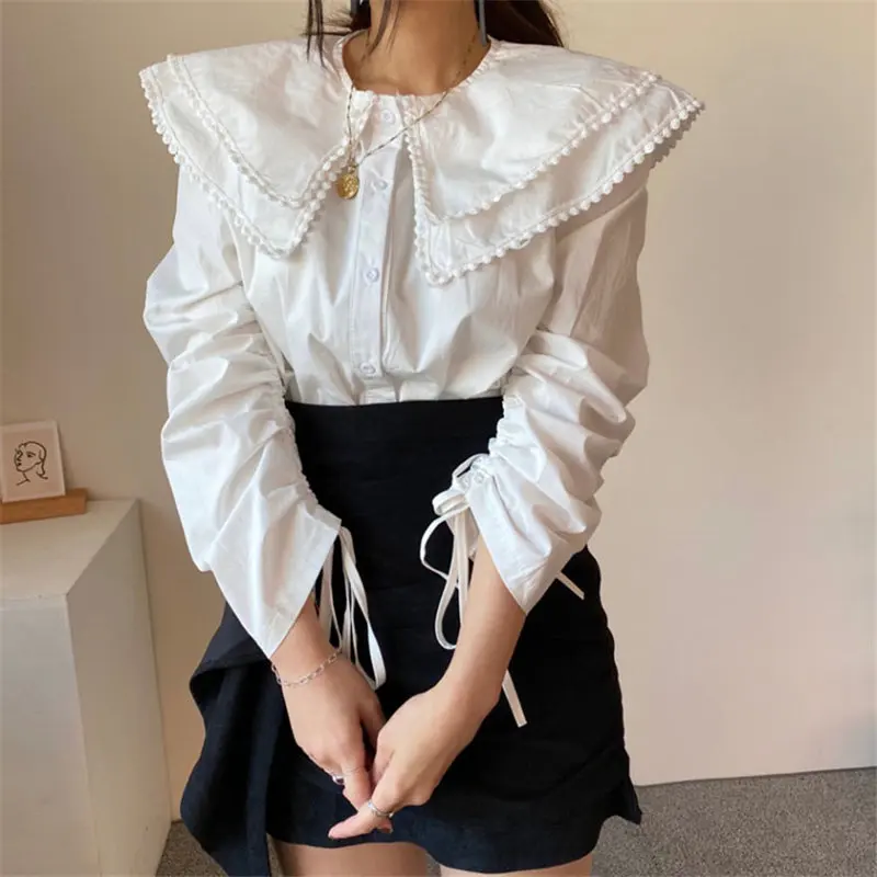 

Alien Kitty White Spring 2020 Chic Solid Lapel Drawstring Full Sleeves All Match Women Blouses Sweet Gentle Brief Tops Shirts