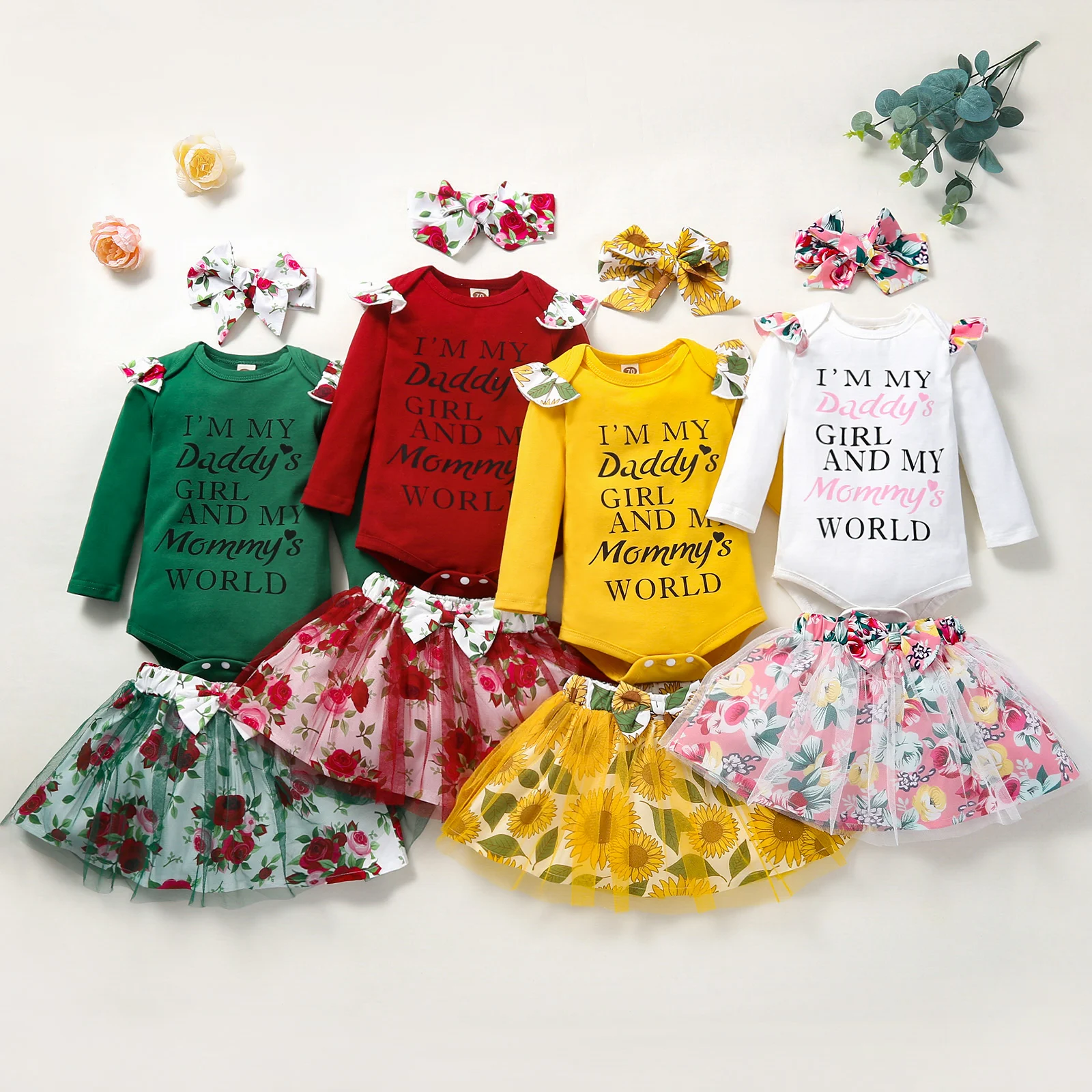 

Baby Girls Three-piece Clothes Set Long Sleeve Collar Yarn Skirt and Bow Knot Headdress Yellow/ Green/ Red/ White