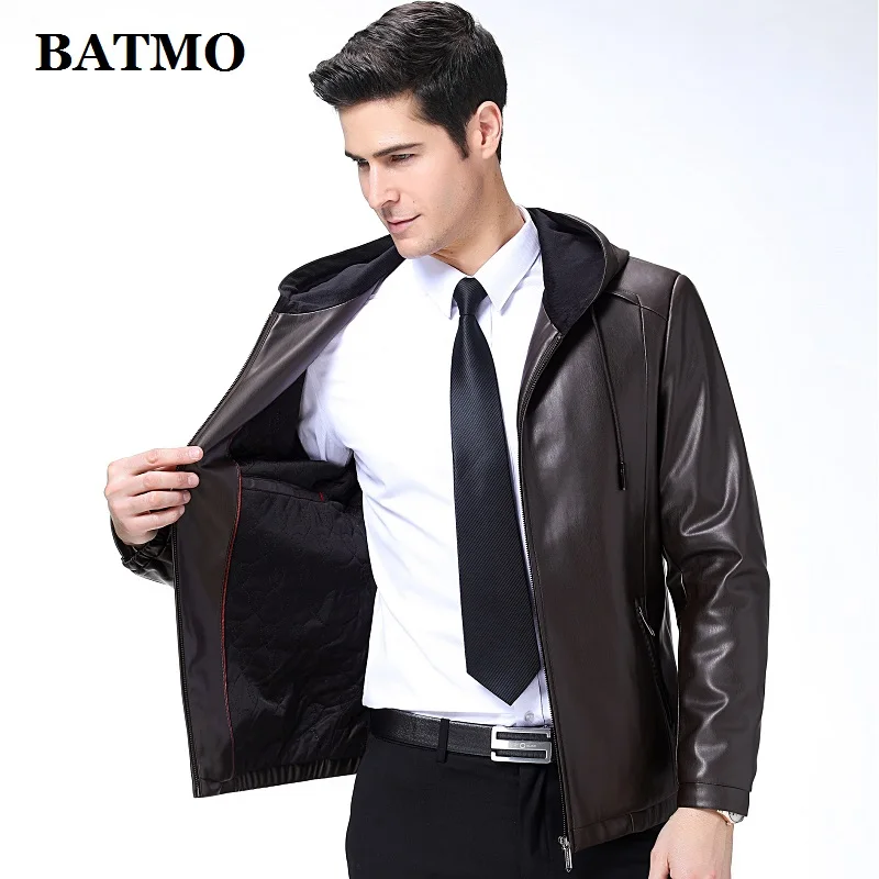 

BATMO 2020 new arrival spring high quality faux leather jackets men,men's leather casual hooded jackets,9033