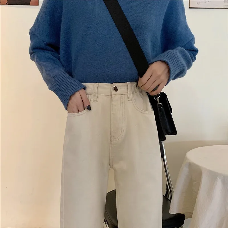 

Women Jeans Solid Straight All-match Simple Denim Trousers Female Loose Ins Chic High Waist Korean Style Fashion New Streetwear
