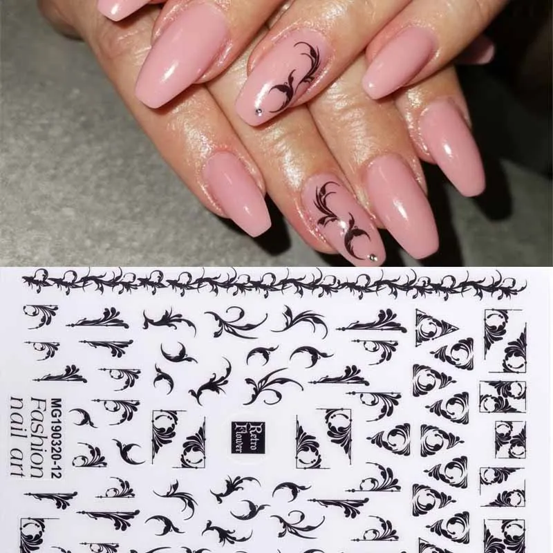 Черно белые 3D Наклейки для ногтей с цветами и виноградными лозами наклейки arabessque
