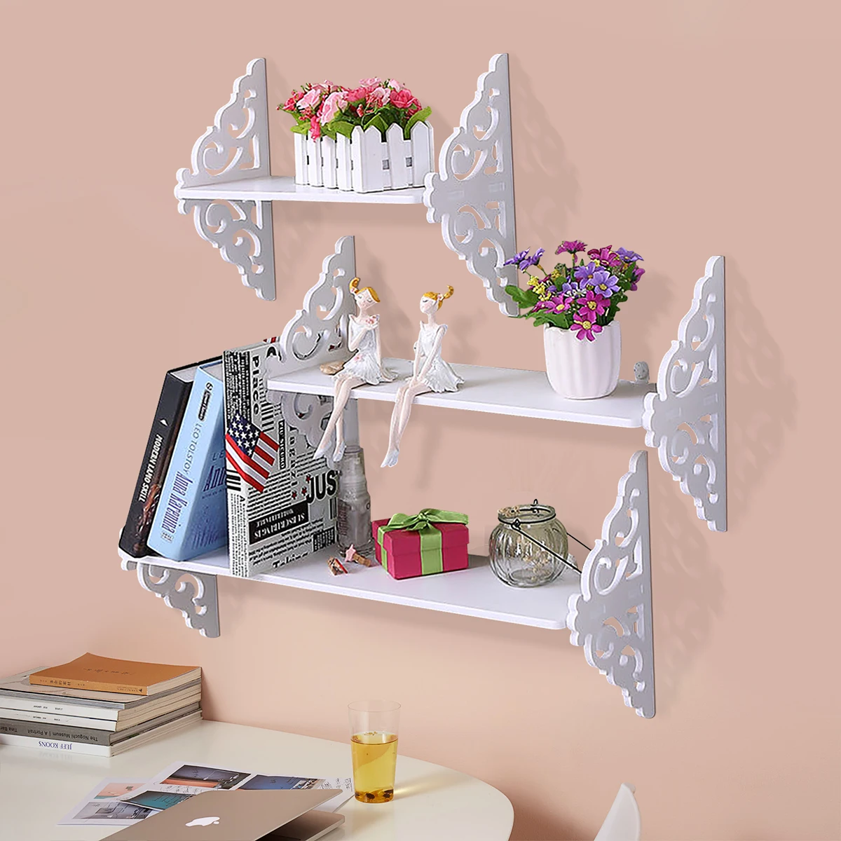 

3Pcs Punch Free PVC Carved Wall Hanging Shelf Bookshelf Goods Convenient Storage Rack Holder Home Bedroom Decoration