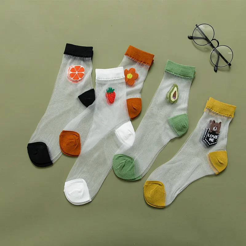 

Socks Female Spring And Autumn Ins Tide Net Red Socks Summer Thin Card Stockings Kawaii Fruit Bear Pattern Glass Silk Socks Wome