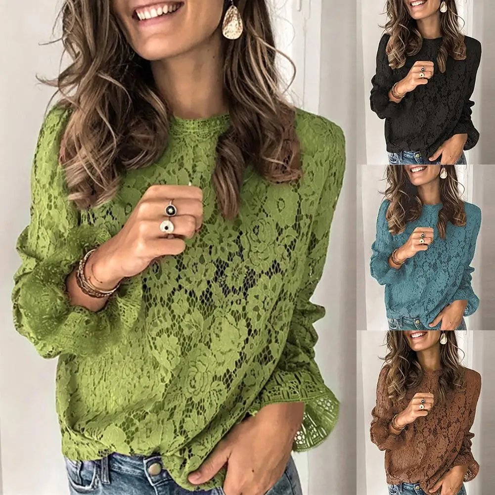 

Sexy Women Solid Color Flared Sleeve O Neck Hollow Out Lace Blouse Shirt Top Elegant Office Lady blouse shirt Autumn Tops Casual
