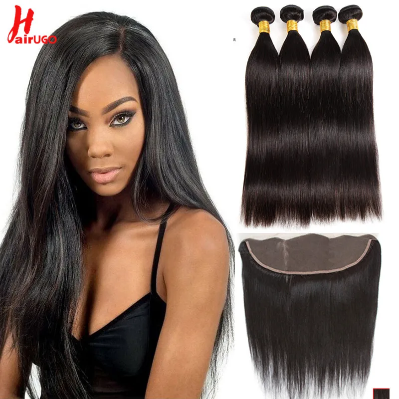Прямые перуанские пучки волос HairUGo с фронтальным 13*4 кружевная передняя часть