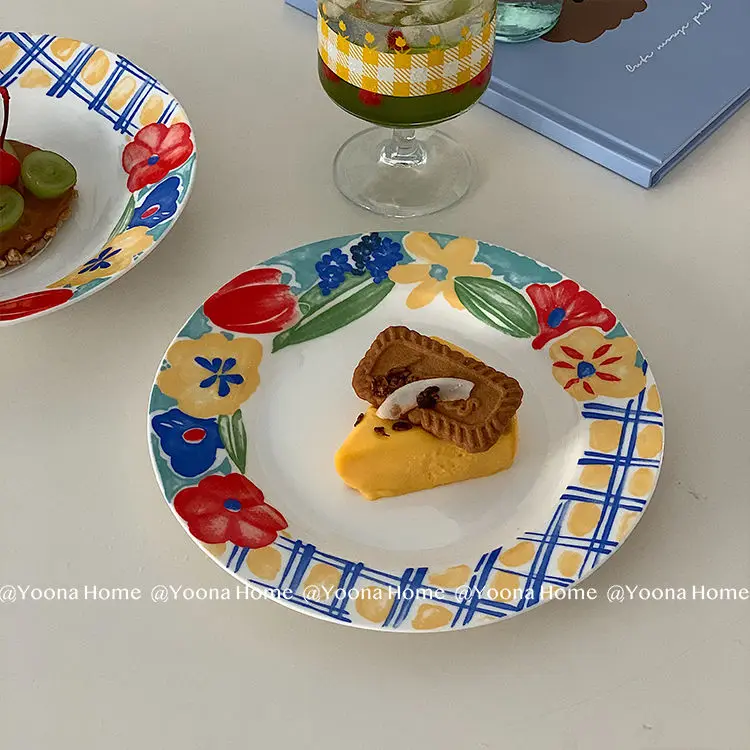 

Korean INS Blogger with Retro Hand-painted Flowers Watercolor Plaid Plate Western Dinner Plate Dessert Plate