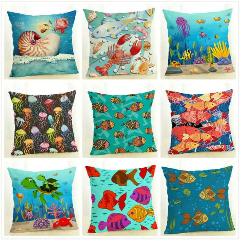 

18" Sea Theme Fish Pillow Covers Nautical Throw Pillowcases Beach Cushion Covers