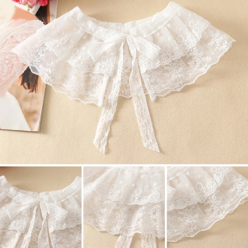 

Sweet Vintage Bowknot Mesh Fake Collar Shawl Double Layer Floral Lace Necklace