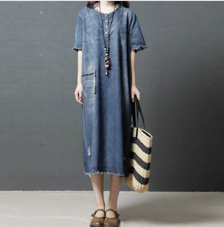 Женское джинсовое платье в Корейском стиле синее винтажное свободного покроя с