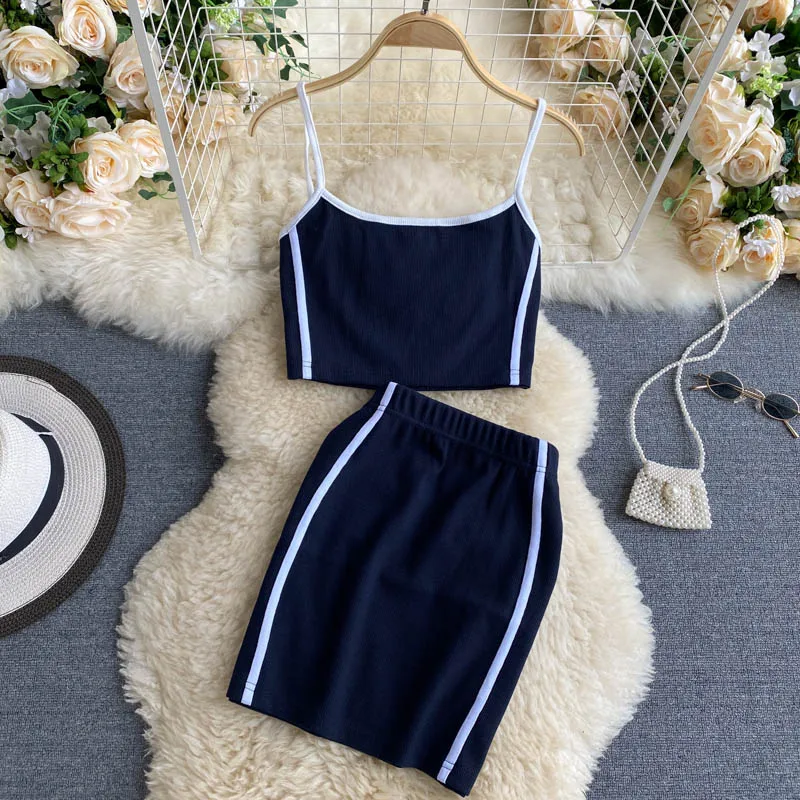 

2021 Summer Women Sport Sets Sleeveless Short Camis Vest + High Elastic Waist Mini Skirt Patchwork Female Casual 2pcs Sets Suit