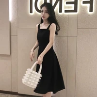 2021 base dress korean drawstring skirt female hepburn small black skirt sleeveless black skirt medium length a line skirt