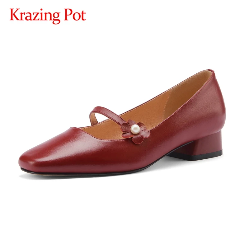 

Krazing Pot retro appliques classic colors full grain leather dating square toe med heel slip on pretty girls maiden pumps L61