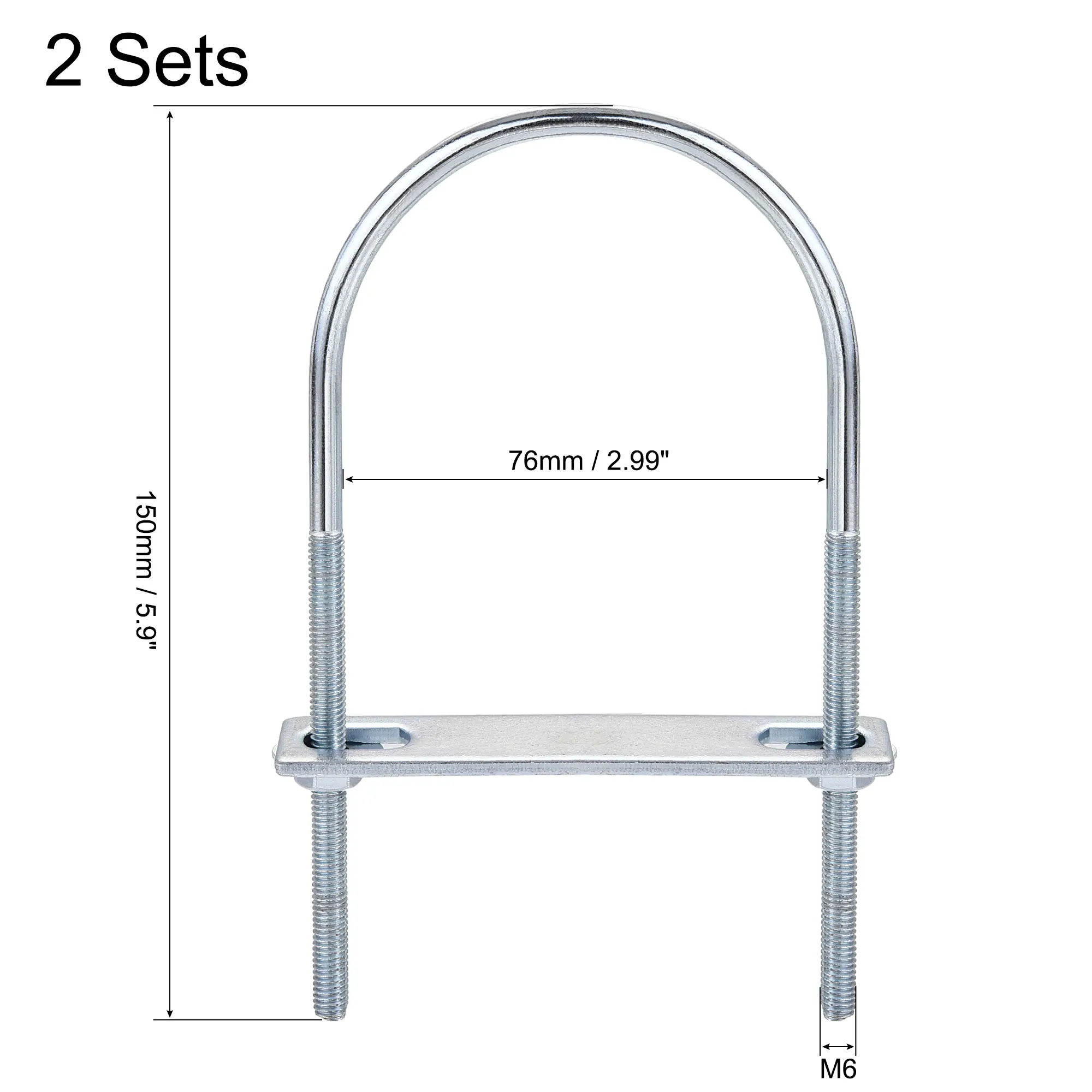 

uxcell Round U-Bolt 2.99"(76mm) Inner Width 150mm Length Steel M6 with Nut, Plate, Washer 2 Sets