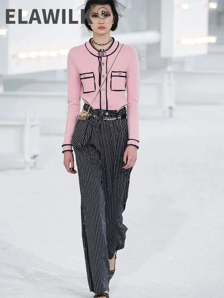 

Женские брюки с широкими штанинами, модельные модные элегантные полосатые черные брюки полной длины с высокой талией, женские брюки, 2021