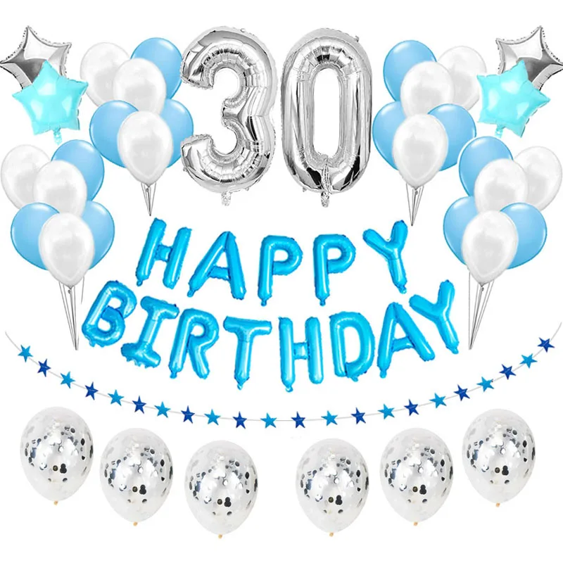 silver blue 30 37 шт. первый с днем рождения баннер воздушные шары с конфетти цвета розовое золото My 1st 1 One Year вечерние украшения Дети взрослый ребенок мальчик девочка звезда - Цвет: silver blue 30