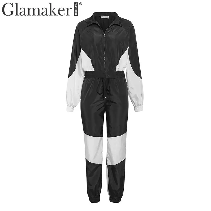 

Glamaker Two piece set black jumpsuit romper Women casual patchwork streetwear long playsuit Zipper black summer jumpsuit female