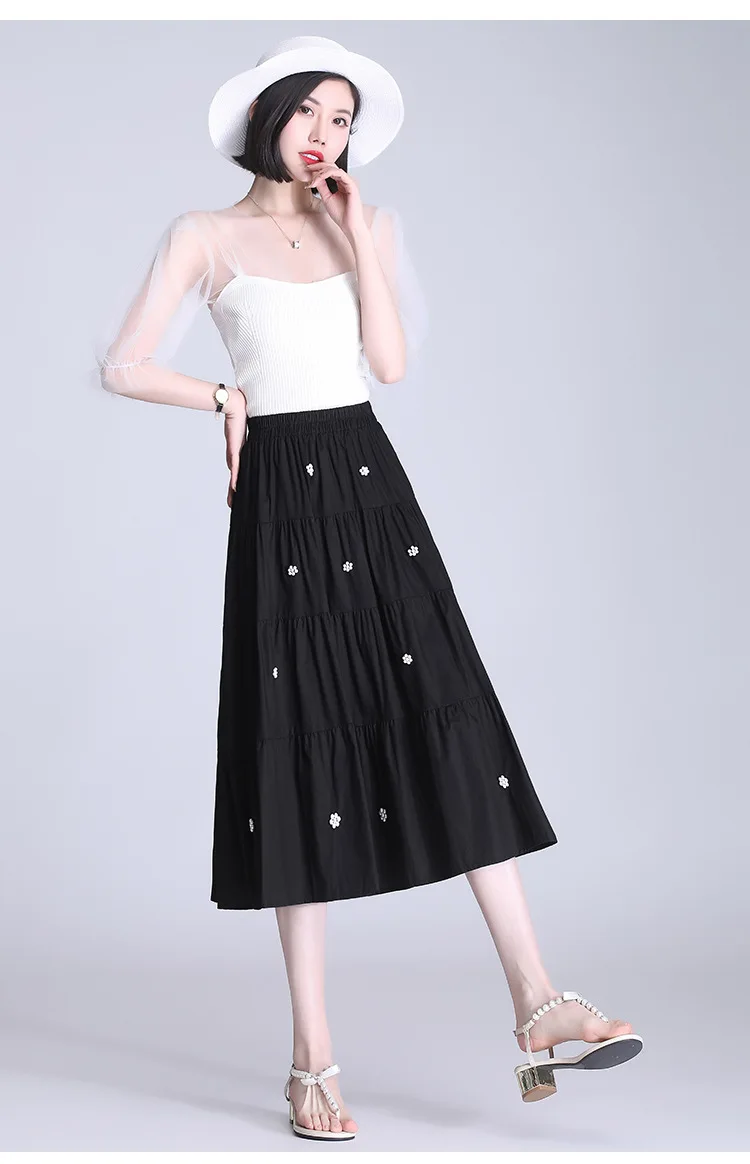

Women Fashion Beading Elastic High Waist Black Pleated Skirt Summer New Ladies Elegant Loose Casual Mid-long White Skirts