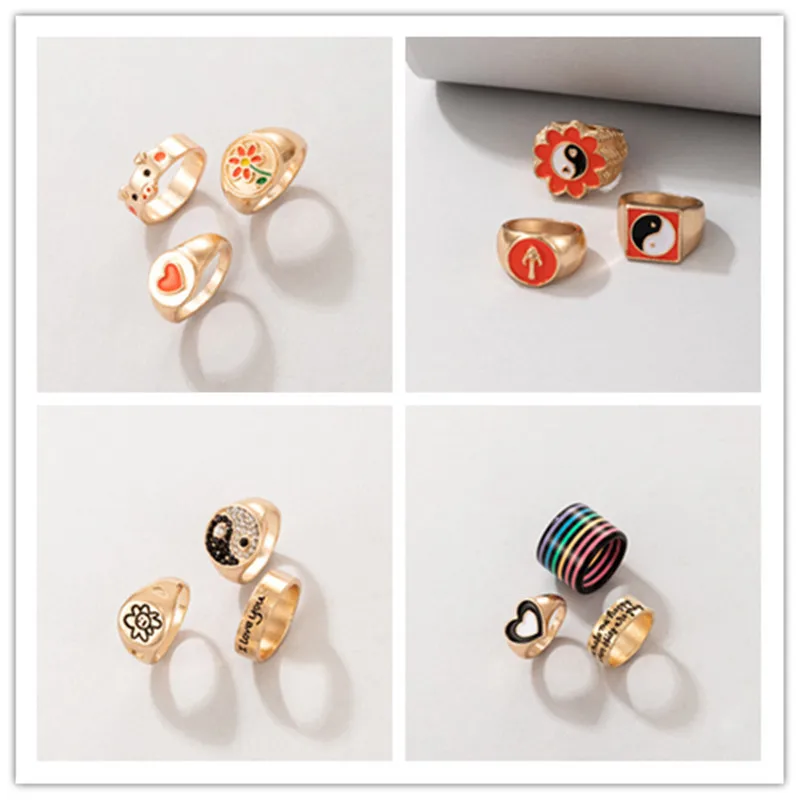 

2021 New Ladies Fashion Charm Aesthetics Ring Jewelry Color Tai Chi Piggy Love Peach Heart Ring 3-piece Set Wholesale