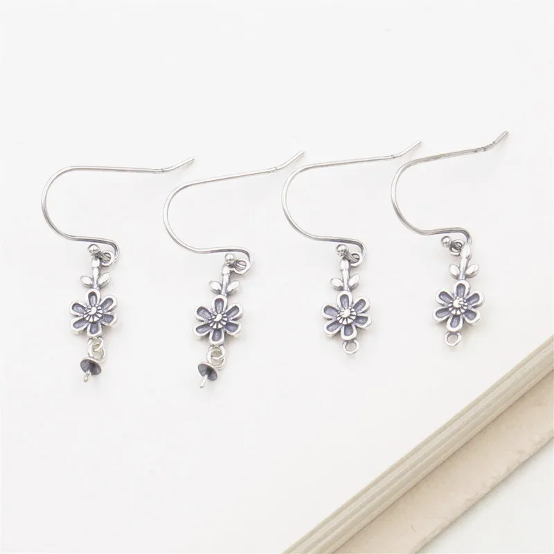 1 Pair 925 Sterling Silver Flower Women's Earrings Retro Style Pearl Ear Hook DIY Jewelry Making Supplies Accessories