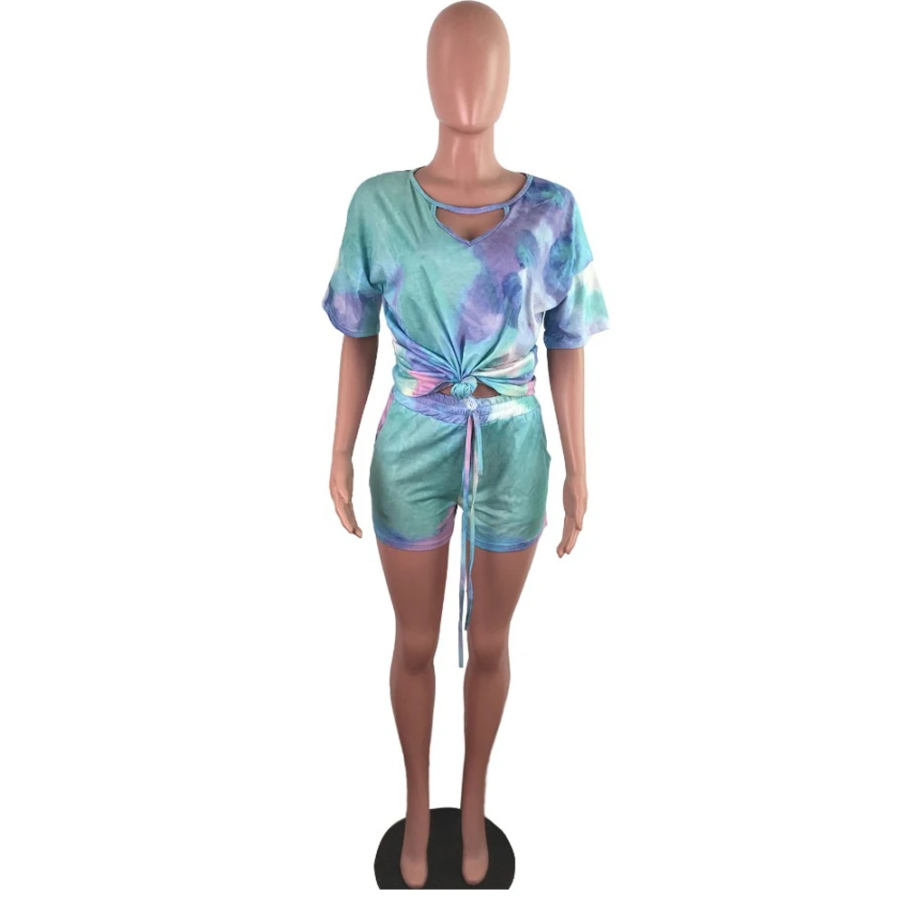 

Rainbow Tie-dye 2 Matching Sets for Women Deep V Neck Short Sleeve Shirt Top Pockets Biker Short Suit Casual Lounge Wear Outfit
