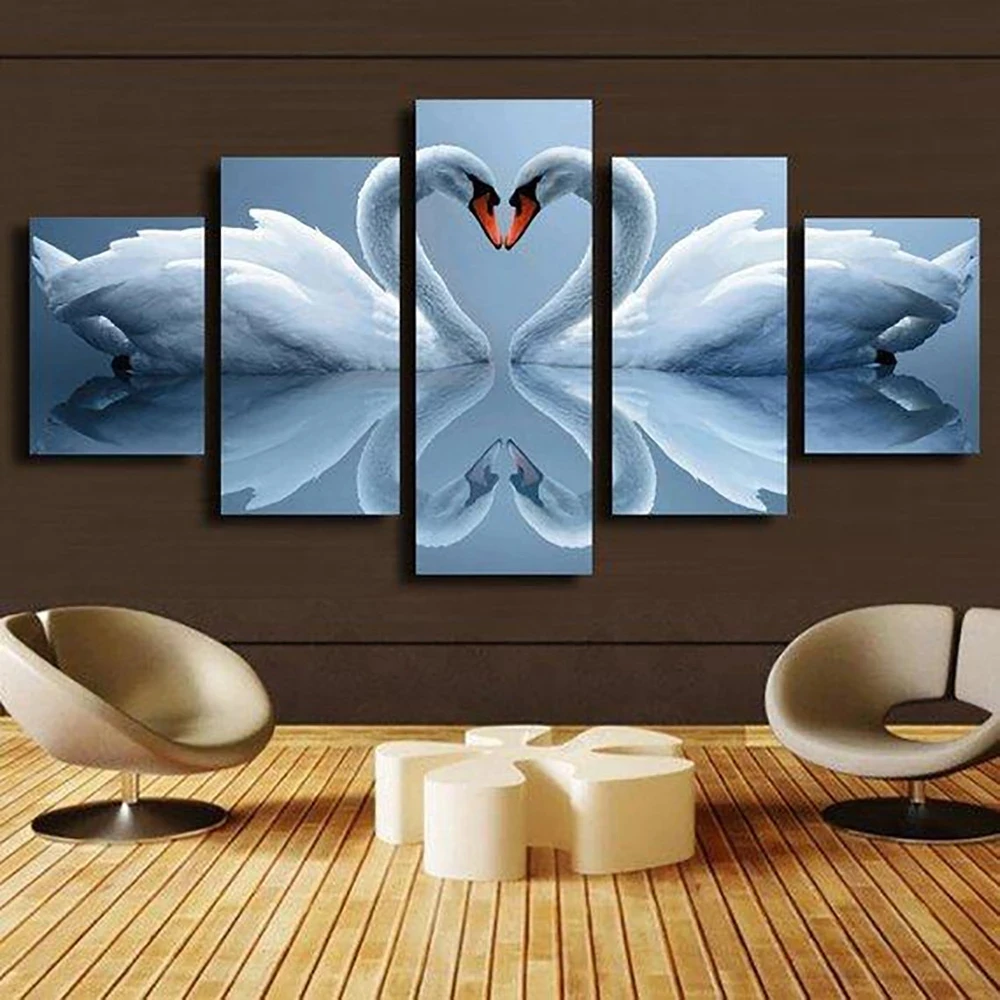 

5 Pieces Wall Art Canvas Painting Animal Poster And Print Two White Swan On The Water Modern Home Decorative Framework Pictures
