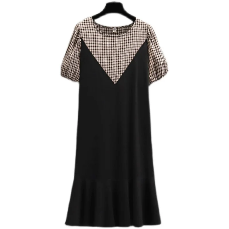 

EHQAXIN Summer Plus Size Women's Stitching Dress Fashion Plaid Striped Ruffled Round Neck Short-Sleeved Dresses Female L-4XL