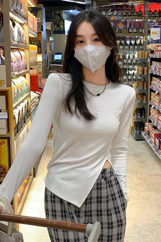 Осенняя Повседневная футболка в Корейском стиле 2021 тонкий однотонный