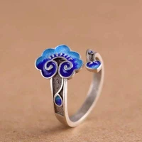 creative adjustable blue auspicious cloud enamel open ring for women wedding party engagement jewelry ethnic hand accessories