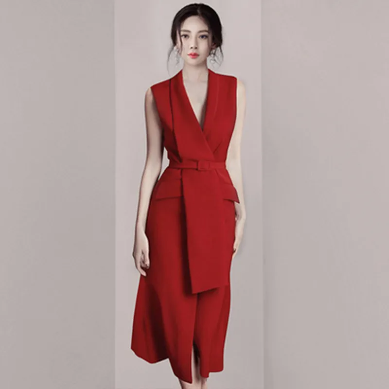 

ZAWFL 2022 New Elegant Ruffles Slim Sleeveless Dress Women V-neck Red Dresses A-line Evening Party Casual Vestidos