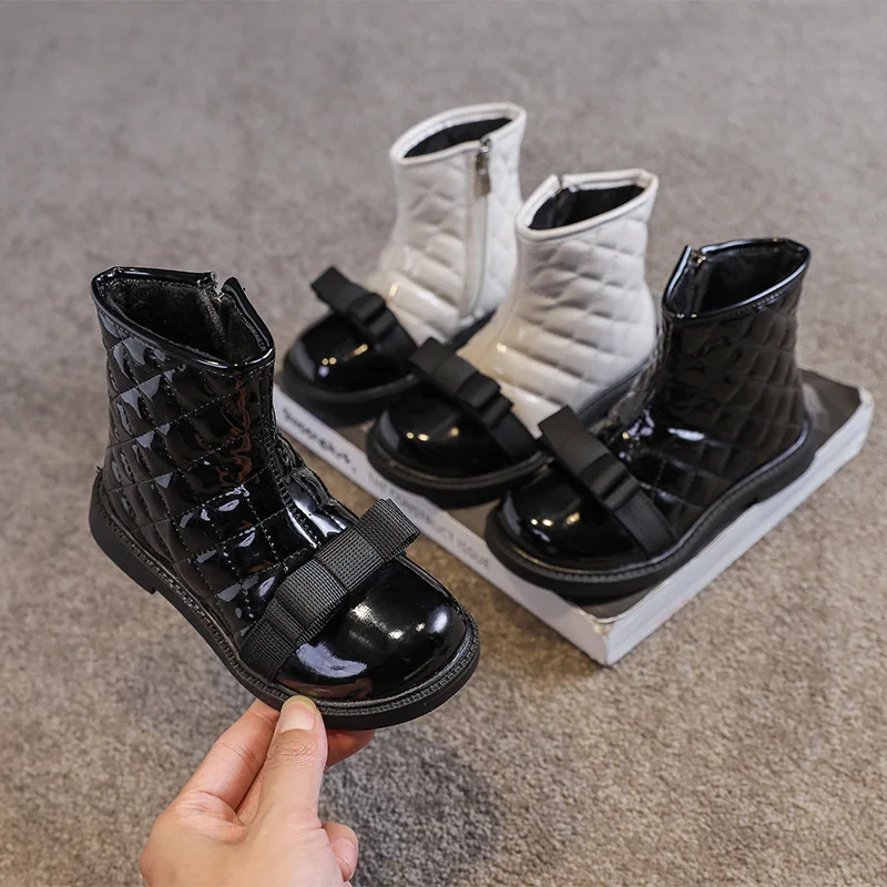 

Fashion Butterfly-knot Children Shoes Girls Boots 2021 Chic Low Heel School Girl Classic Black and White Combo Kids Shoes E11192