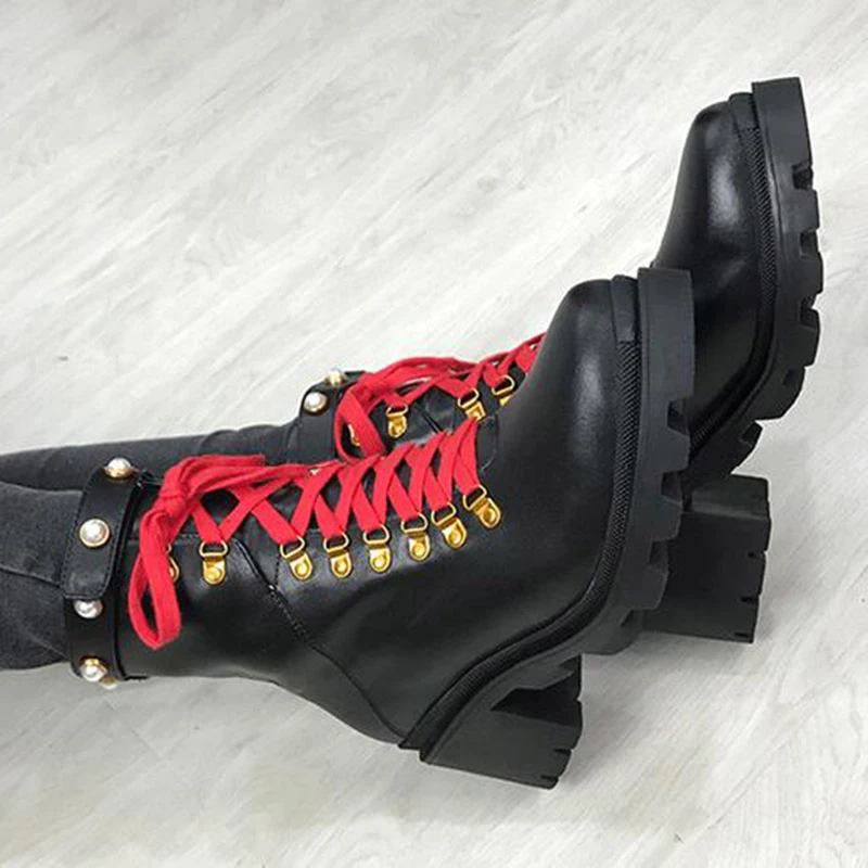Real Leather Black Ankle Boots Women Round Toe Mixed Color Pearl Rivet High Heel Boots Woman Fashion Martin Boots