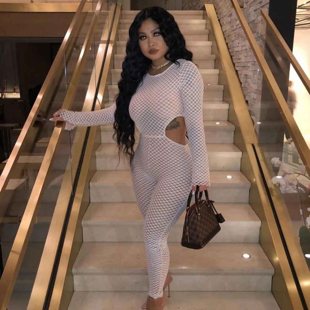 Осенний женский ажурный сексуальный комбинезон с сеткой белый длинный рукав