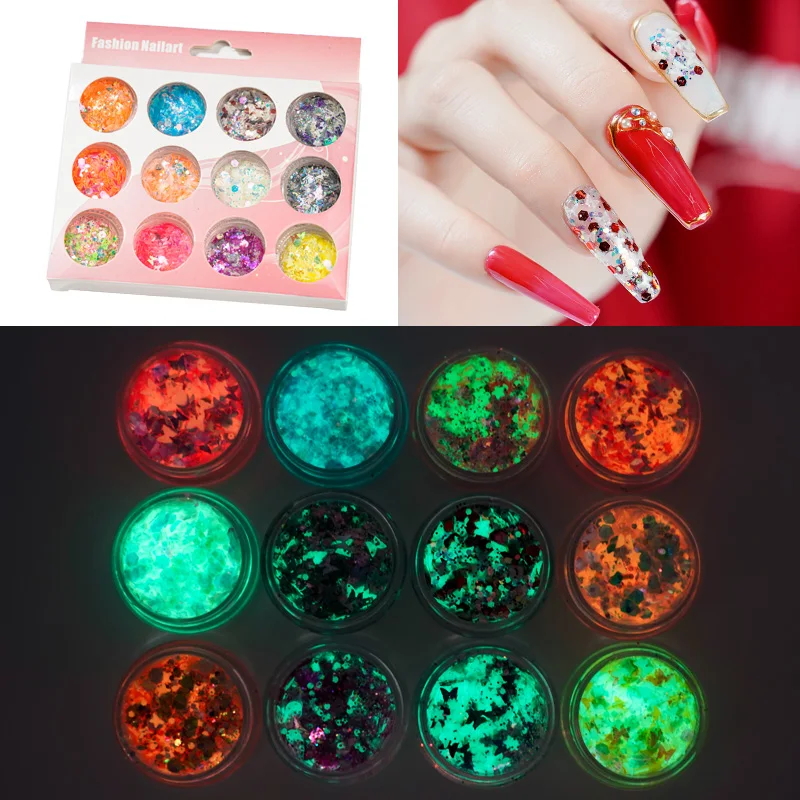 

12Box/Set Nail Glitter Hexagon Glow In Dark Luminous Effect UV Gel Polish Sparkling Paillette For Nail Art Glitter Manicure