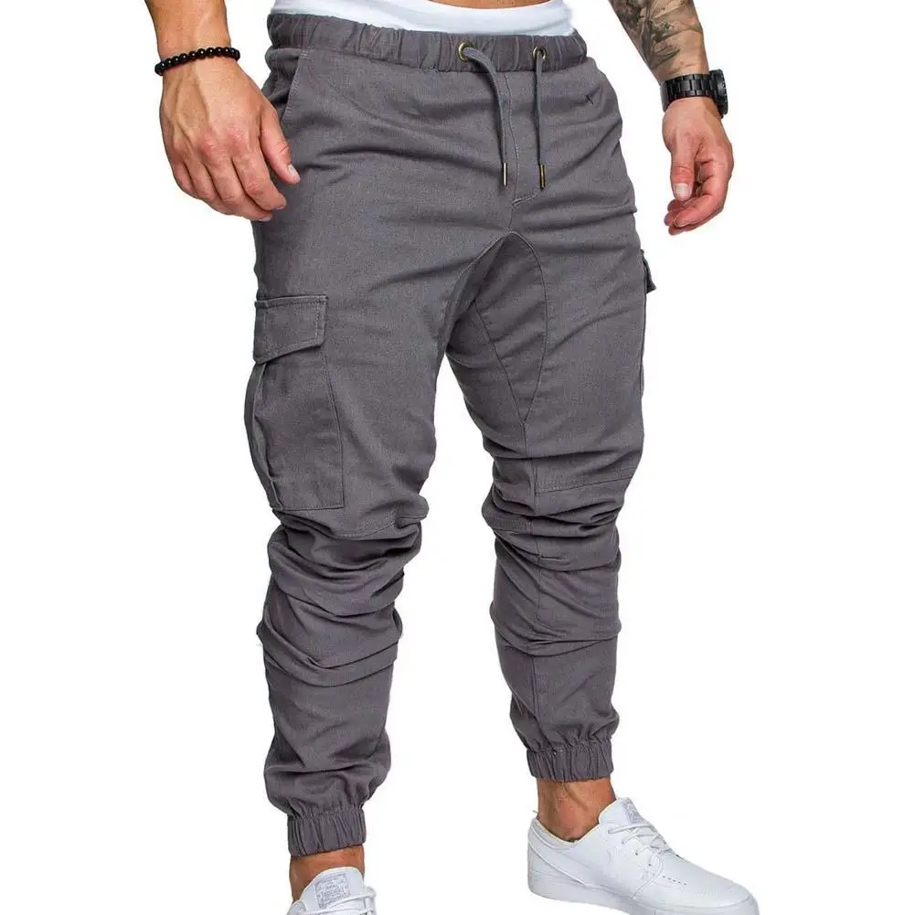 Plus Size Men Solid Color Multi Pocket Drawstring Ankle Tie Cargo Sports Jogging Pants Hip Hop Men's Casual Workwear Trousers