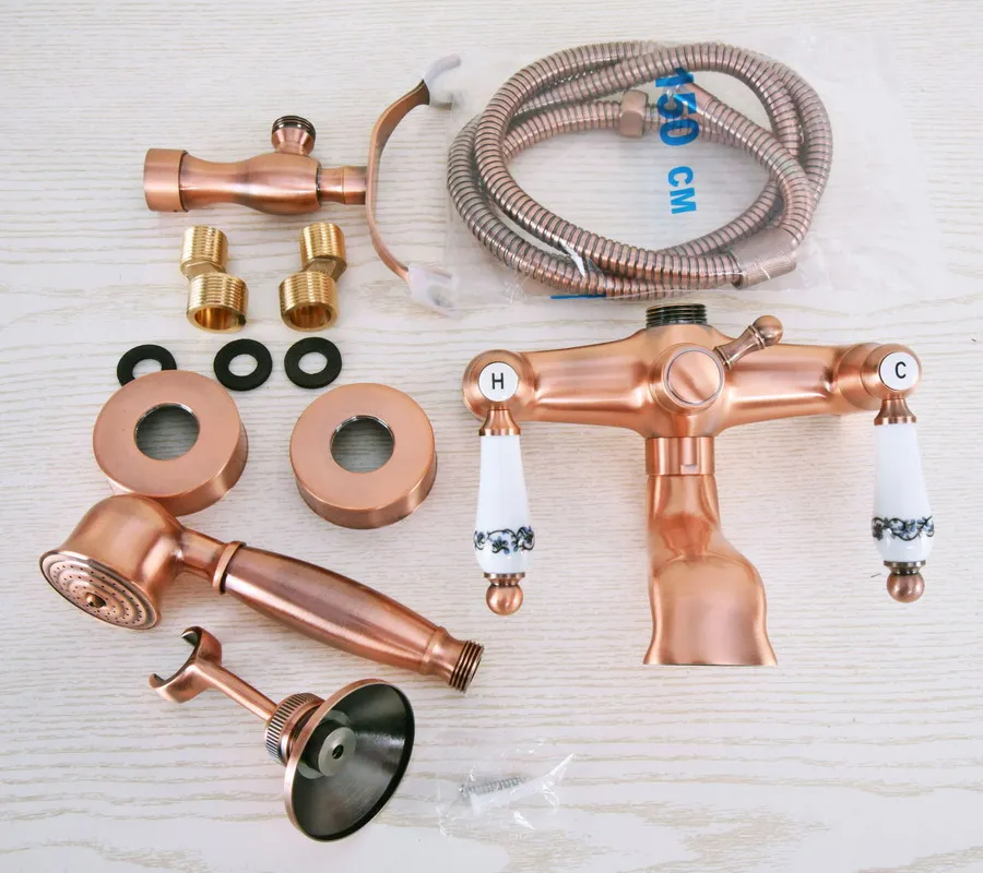 Античный красный медный смеситель для ванной комнаты настенный набор ручной